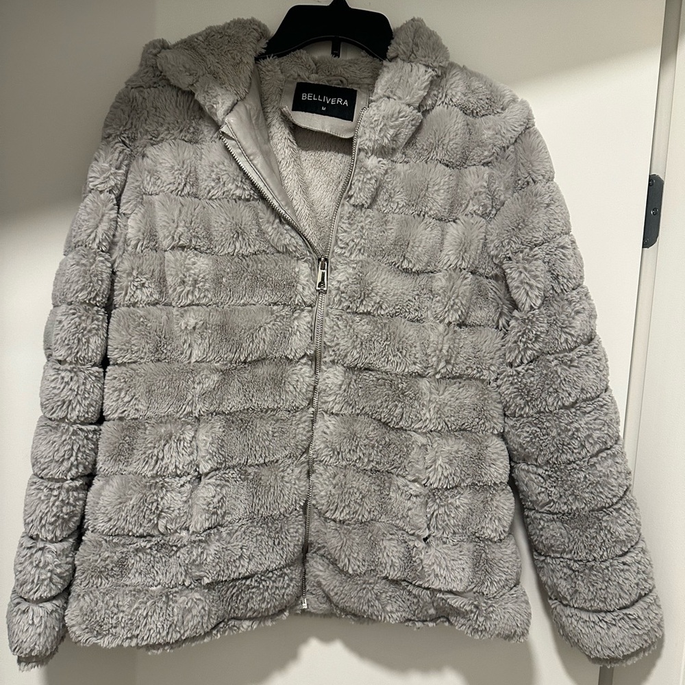 Bellivera Women's Light Gray Hooded Teddy Jacket